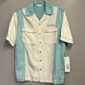 Saturdays pale blue and cream bowling shirt
